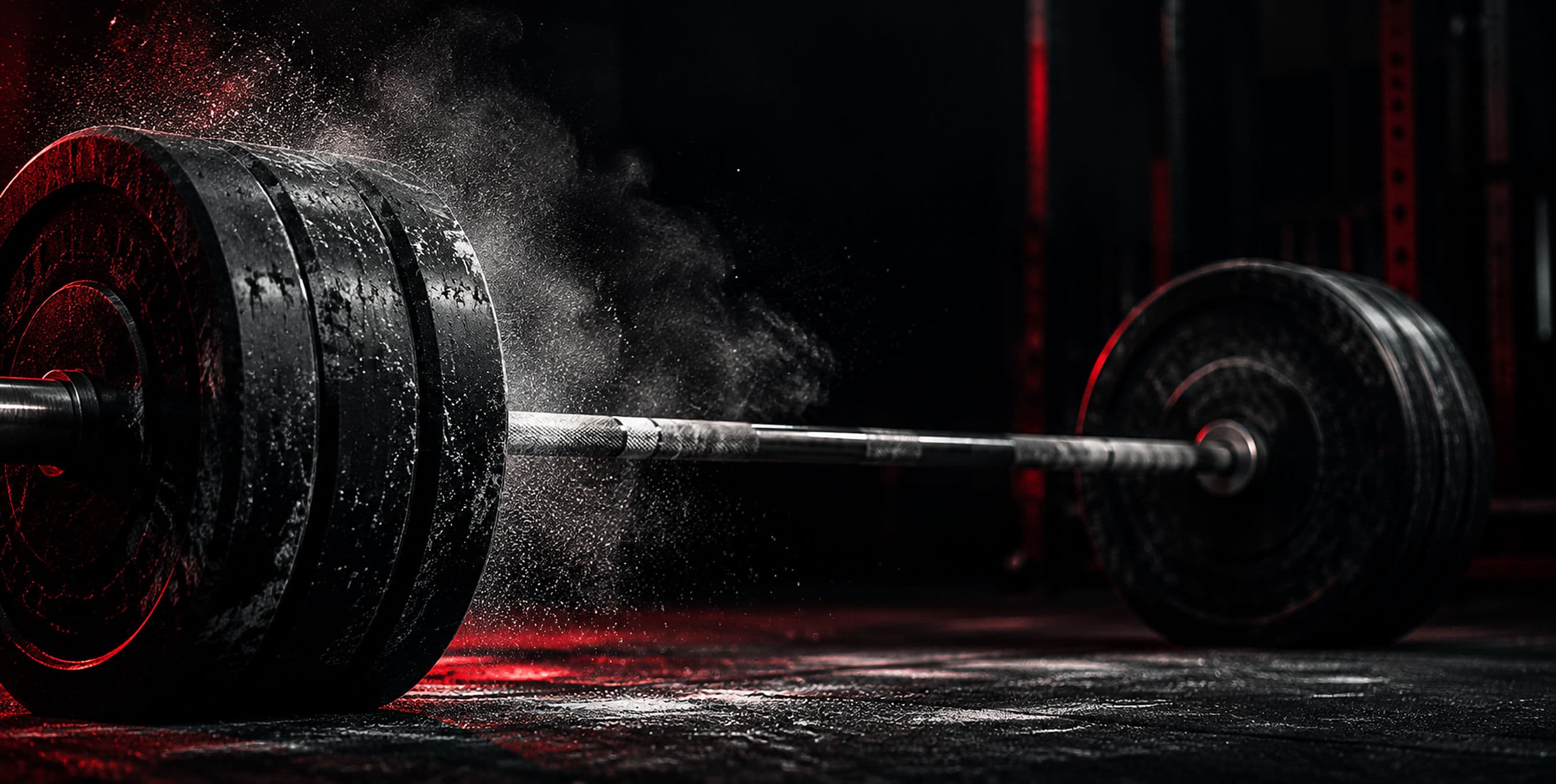 Loaded barbell on a dark gym floor with chalk dust in the air